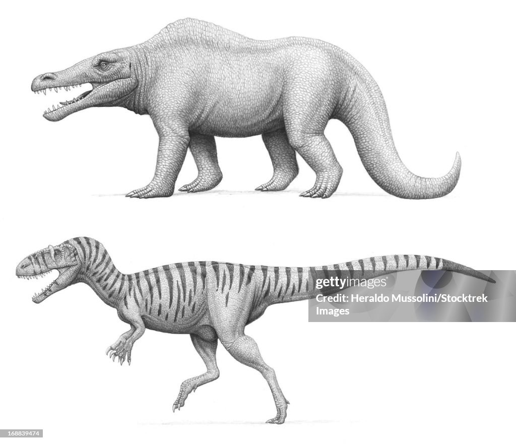 Artist's concept of Megalosaurus bucklandii, past and present.