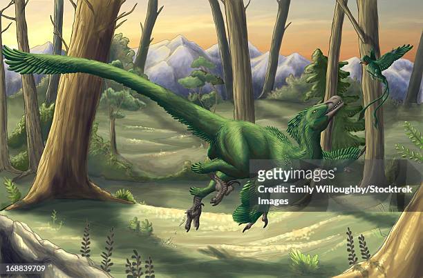 ilustraciones, imágenes clip art, dibujos animados e iconos de stock de a bright green velociraptor runs through a prehistoric forest. - velociraptor