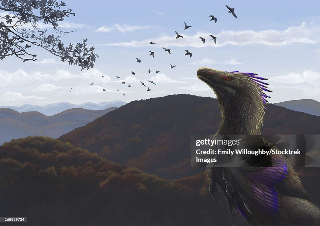 Velociraptor in an autumn landscape.