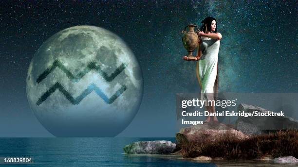 ilustraciones, imágenes clip art, dibujos animados e iconos de stock de aquarius is the eleventh astrological sign of the zodiac. its symbol is the water carrier, here depicted as a lovely woman carrying an urn. - acuario signo zodíaco de aire