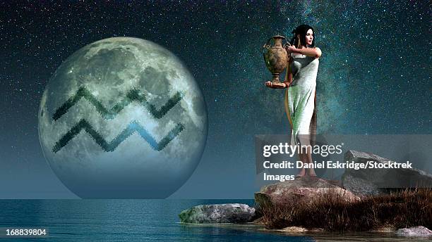 aquarius is the eleventh astrological sign of the zodiac.  its symbol is the water carrier, here depicted as a lovely woman carrying an urn.  - ehre stock illustrations
