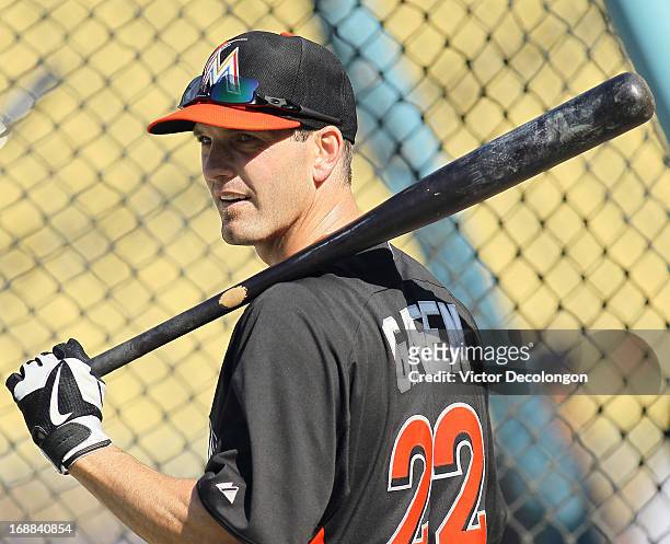Nick Green of the Miami Marlins looks on during batting practice prior to the MLB game against the Los Angeles Dodgers at Dodger Stadium on May 11,...