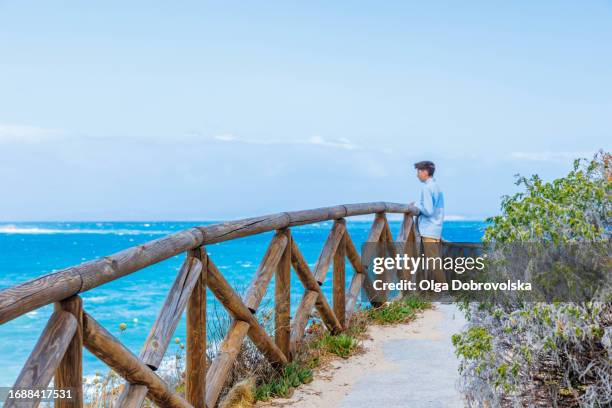 a boy admiring the sea view while standing by a wooden fence - wooden railing stock pictures, royalty-free photos & images