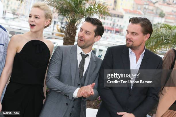 Actors Carey Mulligan, Tobey Maguire and Leonardo DiCaprio attend the photocall for 'The Great Gatsby' at The 66th Annual Cannes Film Festival at...