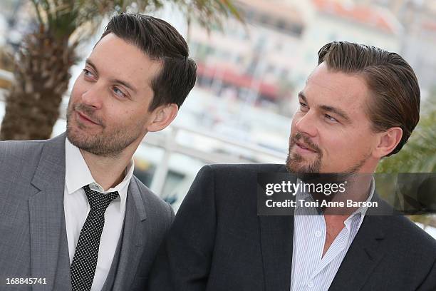 Actors Leonardo DiCaprio and Tobey Maguire attend the photocall for 'The Great Gatsby' at The 66th Annual Cannes Film Festival at Palais des...