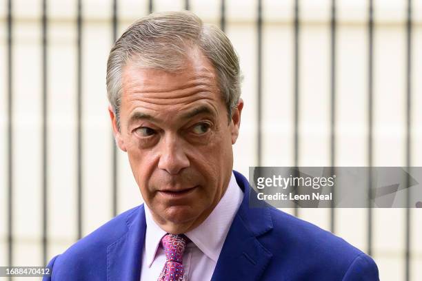 Former Leader of the United Kingdom Independence Party Nigel Farage attends a speech by former Prime Minister Liz Truss at the Institute for...