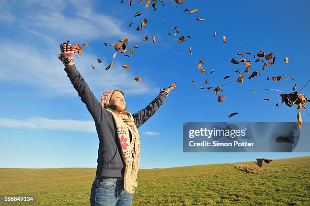 woman playing in autumn leaves - ar 15 imagens e fotografias de stock