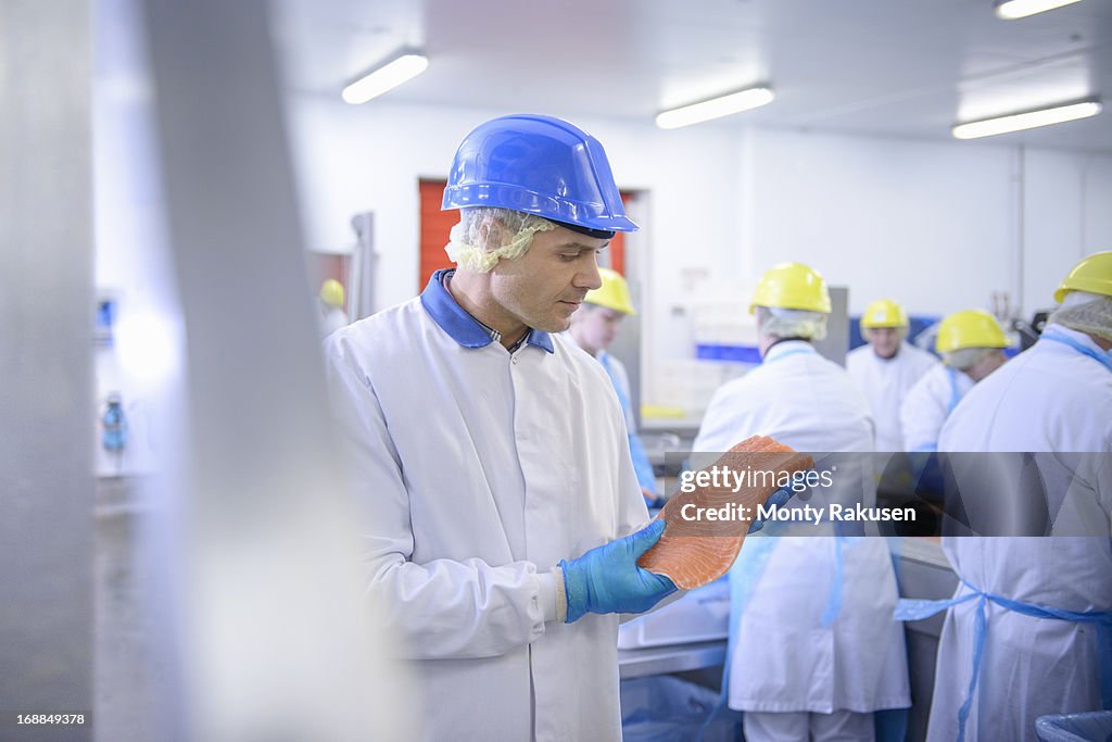 Worker inspecting salmon fillet in food factory