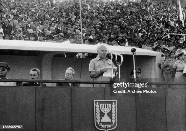 Israeli politician David Ben-Gurion, Prime Minister of Israel, delivers a speech at the seventh anniversary of Israel's independence, Israel, 5th May...