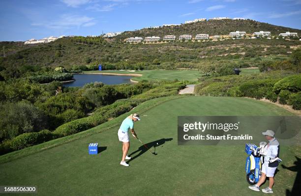 Anna Nordqvist of team Europe plays a shot from the first tee during practice prior to the The Solheim Cup at Finca Cortesin Golf Club on September...