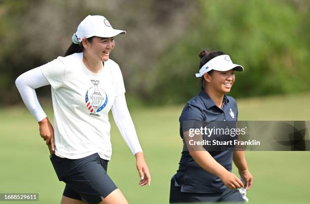 Allisen Corpuz of team USA walks with Megan Kang during practice prior to the The Solheim Cup at Finca Cortesin Golf Club on September 18, 2023 in...