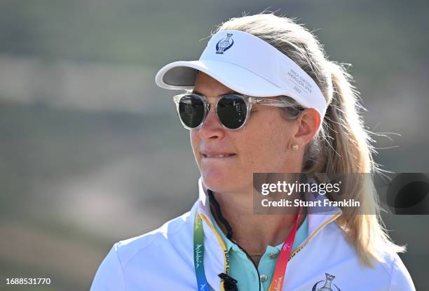 Suzann Pettersen, captain of team Europe looks on during practice prior to the The Solheim Cup at Finca Cortesin Golf Club on September 18, 2023 in...