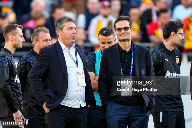 Arnaud POUILLE General Director of lens and Joseph OUGHOURLIAN president of Lens during the Ligue 1 Uber Eats match between Racing Club de Lens and...