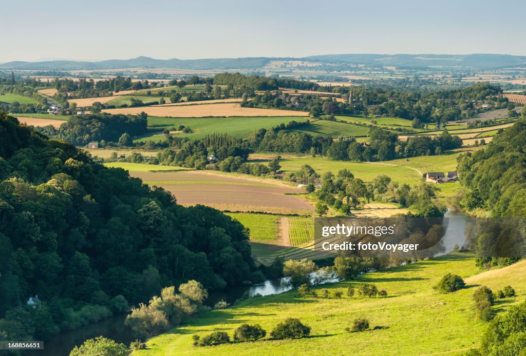 Idyllic river valley country villages summer fields
