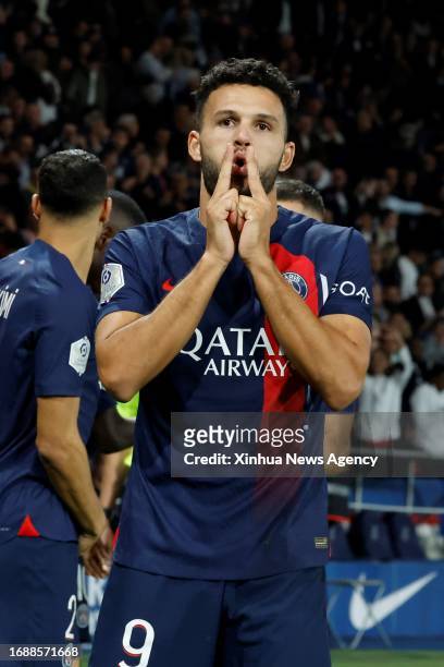 Paris Saint-Germain's Goncalo Ramos celebrates his goal during the French League 1 football match between Paris-Saint Germain PSG and Olympique...