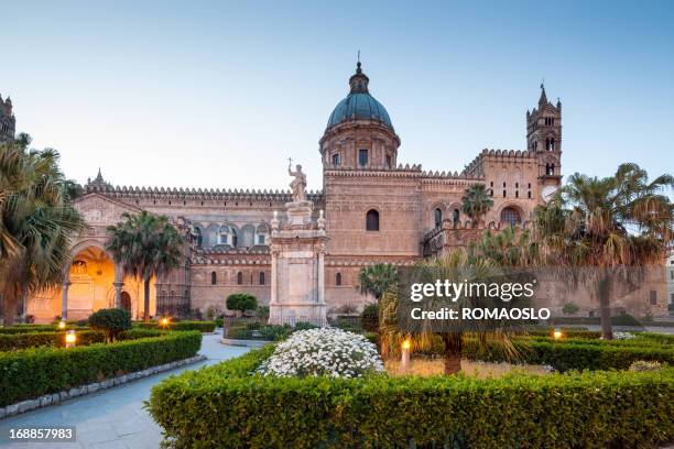 palermo cathedral at dusk, sicily italy - palermo sicily stock pictures, royalty-free photos & images