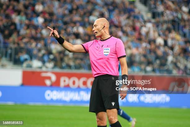 Vladimir Moskalev, Chief Referee, FIFA Referee seen during the Russian Premier League football match between Zenit Saint Petersburg and Lokomotiv...