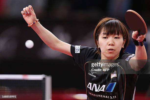 Japan's Misako Wakamiya playing with Kenji Matsudaira , is pictured during a match against Romania's Ovidiu Ionescu and Bernadette Szocs, on May 16,...