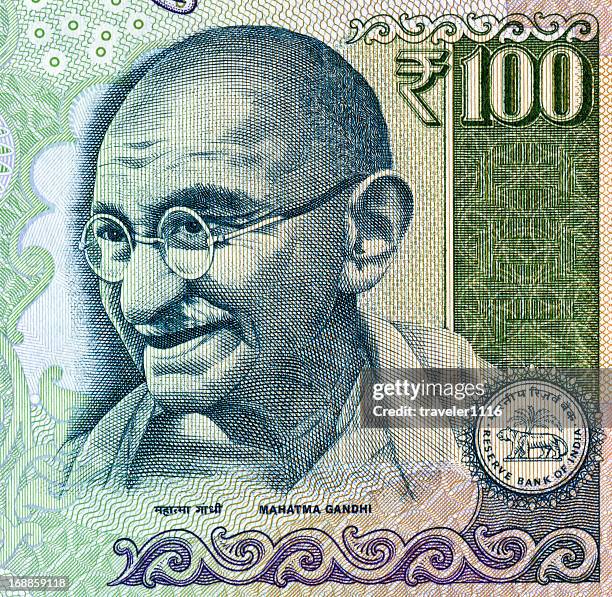 mahatma gandhi on 100 rupee note - rupee stock pictures, royalty-free photos & images