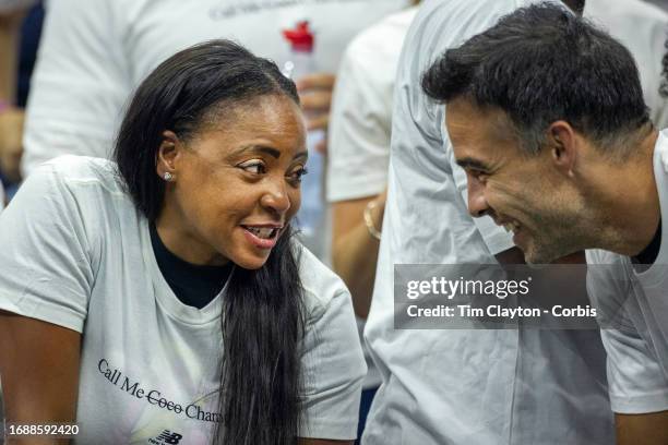 September 9: Candi Gauff, mother of Coco Gauff of the United States and coach Pere Riba during the trophy presentation after her victory against...