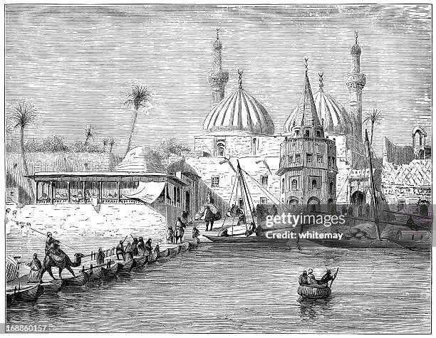 illustrations, cliparts, dessins animés et icônes de ponton de bateaux dans bagdad (1882 gravé - bateau ponton