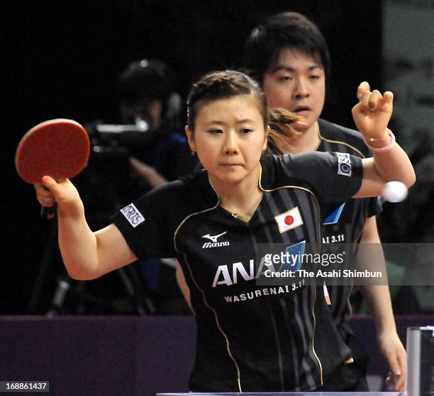 Ai Fukuhara and Seiya Kishikawa of Japan compete in the Mixed Doubles Round of 128 during day two of the ITTF World Table Tennis Championships on May...