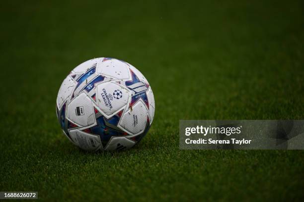 The Champions League Matchball during the Newcastle United Training Session at the Newcastle United Training Centre on September 18, 2023 in...