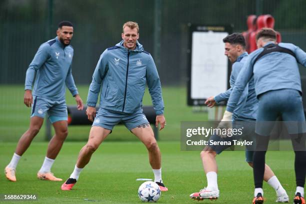 Newcastle Players seen L-R Jamaal Lascelles, Dan Burn , Fabian Schär and Mark Gillespie during the Newcastle United Training Session at the Newcastle...