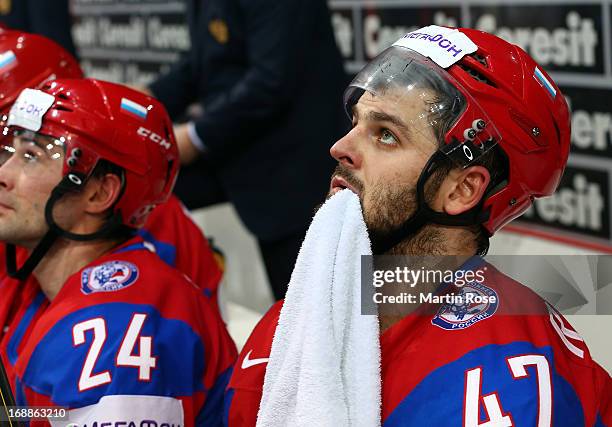 Alexander Radulov of Russia reacts during the IIHF World Championship quarterfinal match between Russia and USA at Hartwall Areena on May 16, 2013 in...