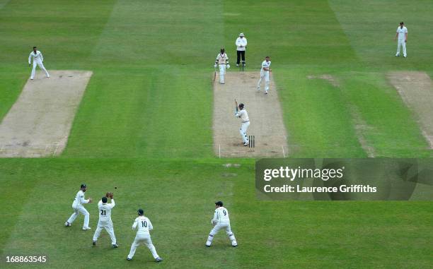 Samit Patel of Nottinghamshire catches Steven Davies of Surrey off the bowling of Paul Franks during day two of the LV County Championship division...