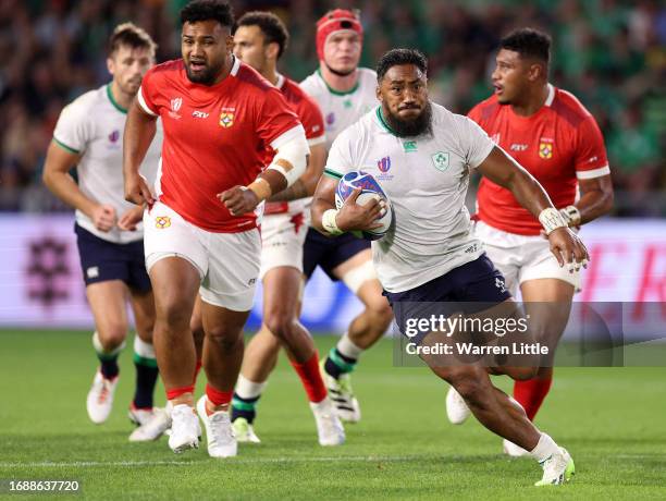 Bundee Aki of Ireland scores his team's sixth try during the Rugby World Cup France 2023 match between Ireland and Tonga at Stade de la Beaujoire on...