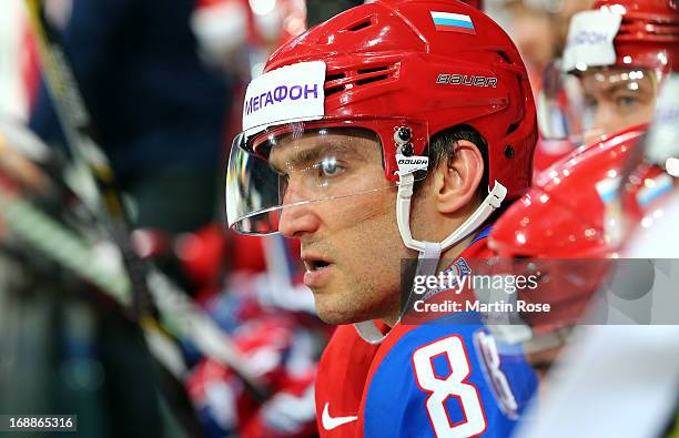 Alexander Ovechkin of Russia reacts during the IIHF World Championship quarterfinal match between Russia and USA at Hartwall Areena on May 16, 2013...