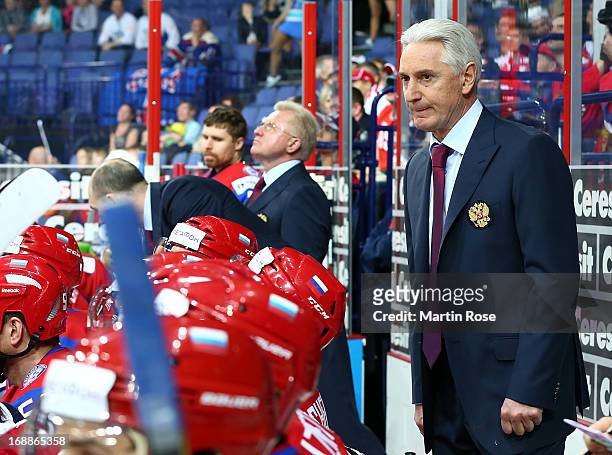 Zinetula Bilyaletdinov, head coach of Russia reacts during the IIHF World Championship quarterfinal match between Russia and USA at Hartwall Areena...