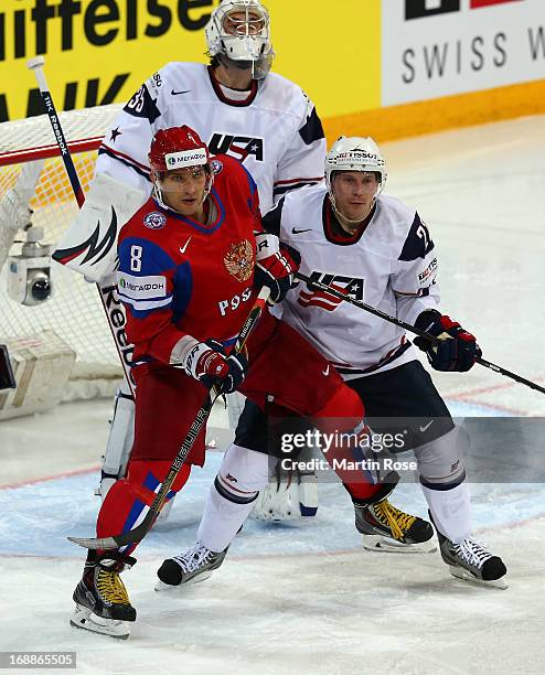 Alexander Ovechkin of Russia and Matt Hunwick of USA battle forposition during the IIHF World Championship quarterfinal match between Russia and USA...