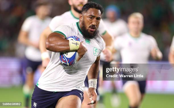 Bundee Aki of Ireland scores his team's sixth try during the Rugby World Cup France 2023 match between Ireland and Tonga at Stade de la Beaujoire on...