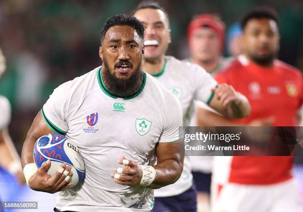 Bundee Aki of Ireland scores his team's sixth try during the Rugby World Cup France 2023 match between Ireland and Tonga at Stade de la Beaujoire on...