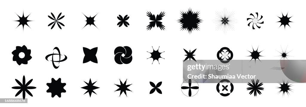 Sparkle, starburst, twinkle, star burst, sunray, sunbeam and sunburst icons set. Y2K design element.