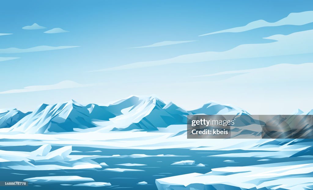 Arctic Landscape With Sea, Ice Floes And Icebergs