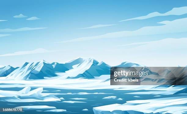 arctic landscape with sea, ice floes and icebergs - arctic ocean stock illustrations