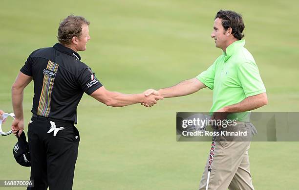 Jamie Donaldson of Wales is beaten by Gonzalo Fernandez-Castano of Spain on day one of the Volvo World Match Play Championship at Thracian Cliffs...