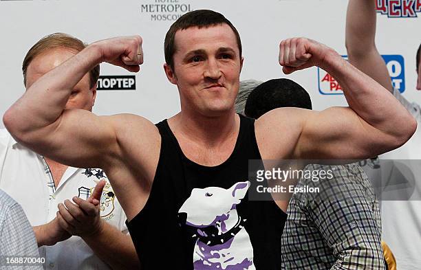 Denis Lebedev of Russia poses during the official weigh-in for his fight against Guillermo Jones of Panama for the WBA cruiserweight title bout at...