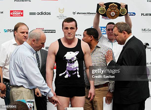 Denis Lebedev of Russia poses during the official weigh-in for his fight against Guillermo Jones of Panama for the WBA cruiserweight title bout at...