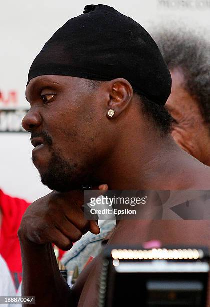 Guillermo Jones of Panama poses during the official weigh-in for his fight against Denis Lebedev of Russia for the WBA cruiserweight title bout at...