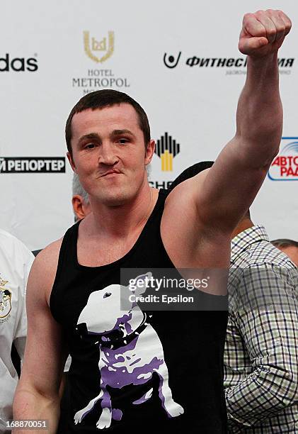 Denis Lebedev of Russia poses during the official weigh-in for his fight against Guillermo Jones of Panama for the WBA cruiserweight title bout at...