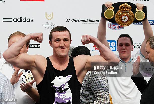 Denis Lebedev of Russia poses during the official weigh-in for his fight against Guillermo Jones of Panama for the WBA cruiserweight title bout at...
