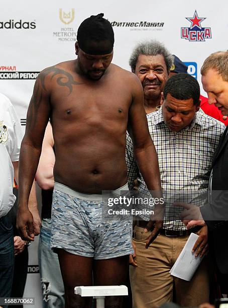 Guillermo Jones of Panama poses during the official weigh-in for his fight against Denis Lebedev of Russia for the WBA cruiserweight title bout at...