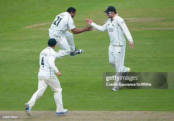 Samit Patel of Nottinghamshire is congratulated on the wicket of Gary Wilson of Surrey during day two of the LV County Championship division one...