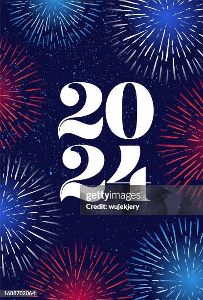 neujahrskarte, feuerwerk auf himmelshintergrund - neujahr stock-grafiken, -clipart, -cartoons und -symbole