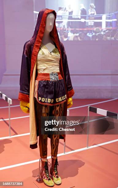 Creation by fashion designer, Jean Paul Gaultier is displayed during "Mode Et Sport, D'un Podium A L'Autre" exhibition at Musee Des Arts Decoratifs...