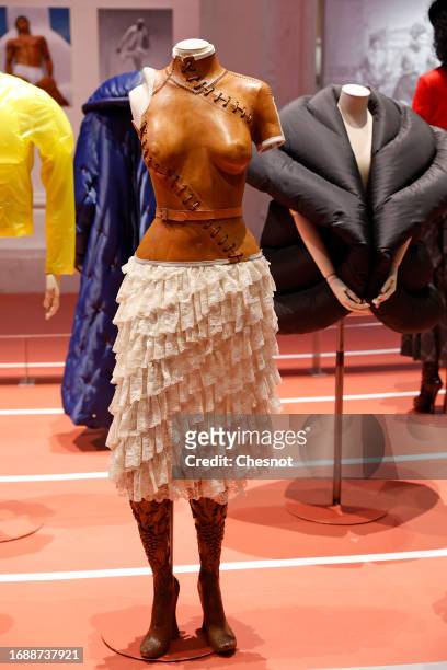 Creation by fashion designer, Alexander McQueen is displayed during "Mode Et Sport, D'un Podium A L'Autre" exhibition at Musee Des Arts Decoratifs on...